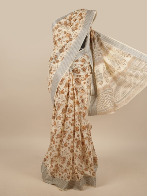 

Pothys Cream-Coloured & Grey Cotton Blend Floral Printed Saree