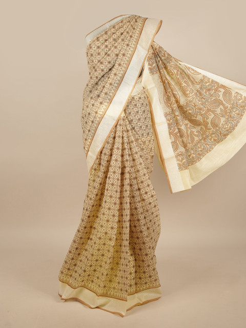 

Pothys Cream-Coloured & Silver-Toned Cotton Blend Geometric Printed Saree