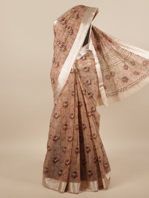 

Pothys Brown & Silver-Toned Cotton Blend Floral Printed Saree