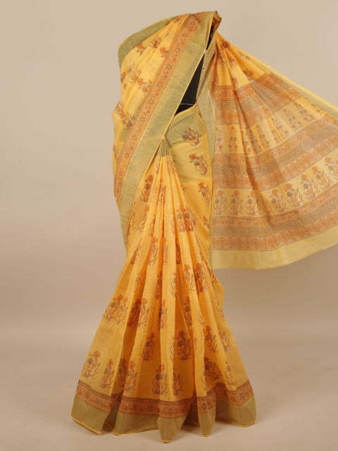 

Pothys Yellow Cotton Blend Floral Printed Saree