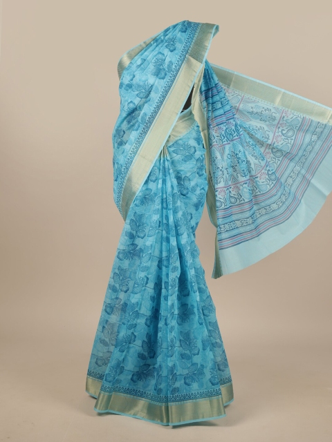 

Pothys Blue & Gold-Toned Cotton Blend Floral Printed Saree