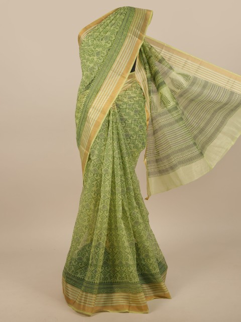 

Pothys Green & Gold-Toned Cotton Blend Ethnic Motifs Printed Saree