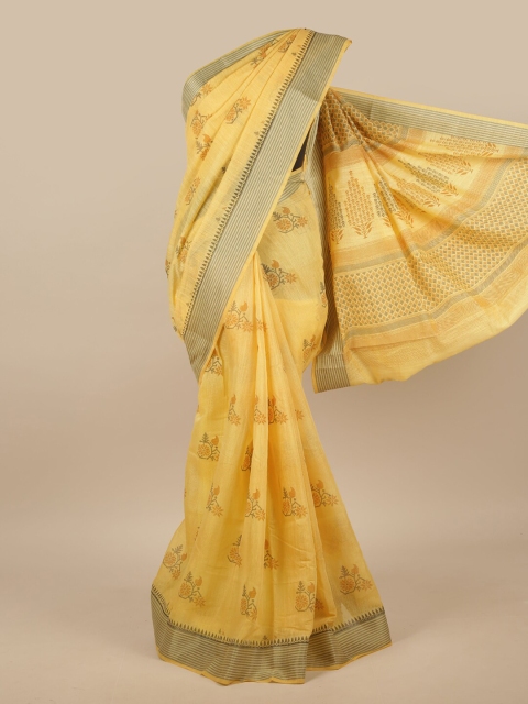 

Pothys Yellow & Grey Cotton Blend Floral Printed Saree
