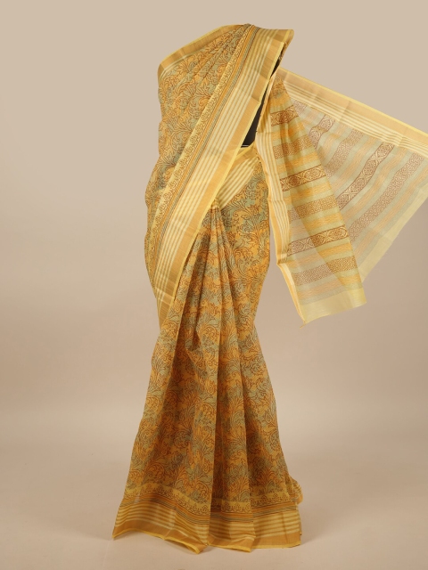 

Pothys Yellow & Brown Cotton Blend Floral Printed Saree