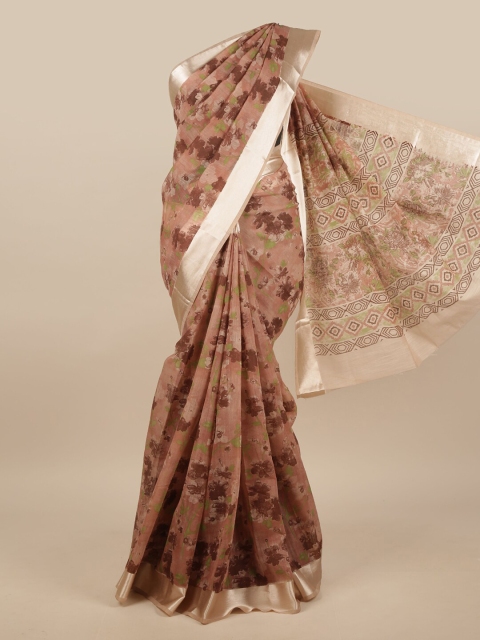 

Pothys Brown & Silver-Toned Cotton Blend Floral Printed Saree