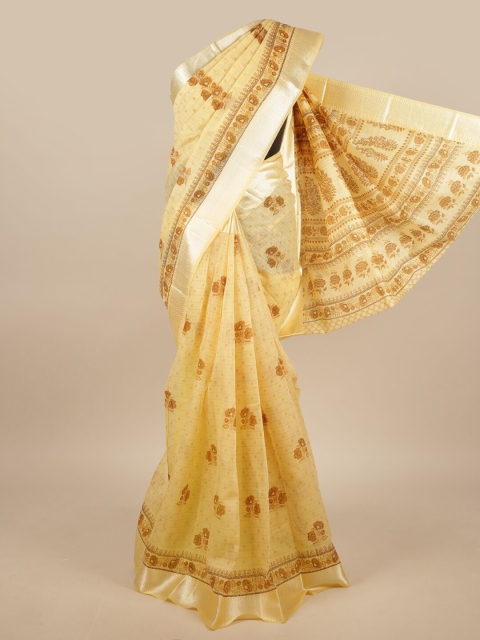 

Pothys Yellow & Silver-Toned Cotton Blend Floral Printed Saree