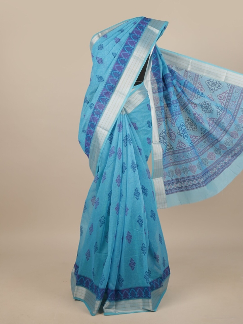 

Pothys Blue & Silver-Toned Cotton Blend Ethnic Motifs Printed Saree