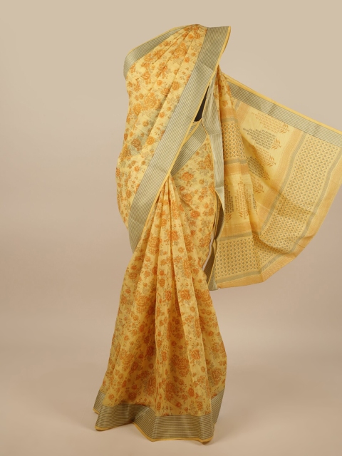 

Pothys Yellow & Grey Cotton Blend Floral Printed Saree