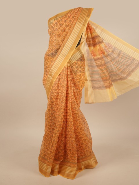 

Pothys Orange & Gold-Toned Cotton Blend Ethnic Motifs Printed Saree