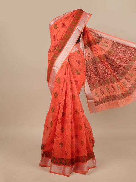 

Pothys Orange & Silver-Toned Floral Saree