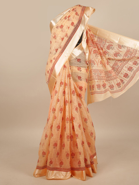 

Pothys Peach-Coloured & Gold-Toned Floral Saree