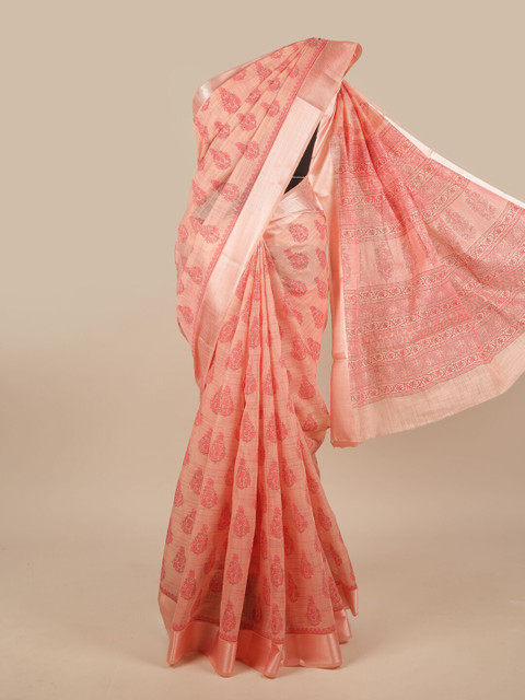 

Pothys Pink & Silver-Toned Floral Printed Saree