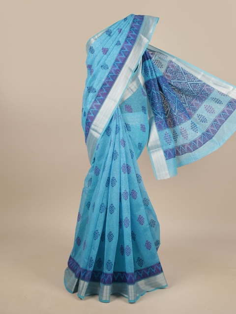

Pothys Blue & Silver-Toned Floral Printed Saree