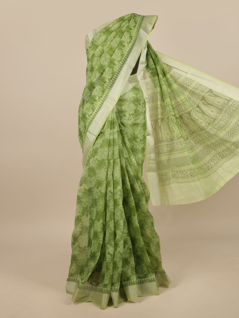 

Pothys Green & Silver-Toned Floral Printed Saree