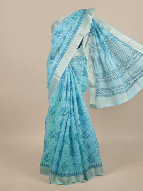 

Pothys Blue & Gold-Toned Floral Printed Saree