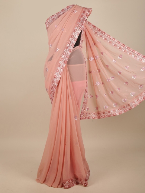 

Pothys Pink & Silver-Toned Embellished Saree