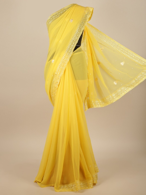 

Pothys Yellow & Silver-Toned Floral Sequinned Saree