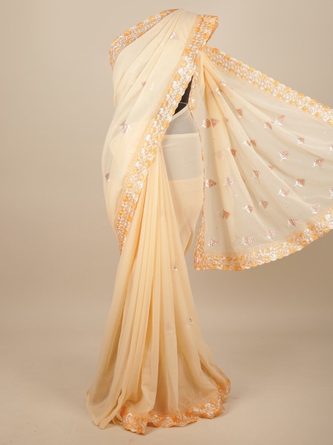 

Pothys Peach-Coloured & Silver-Toned Embellished Sequinned Saree