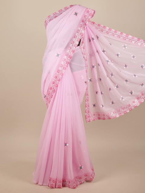 

Pothys Pink & Silver-Toned Embellished Saree