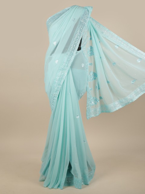 

Pothys Turquoise Blue & Silver-Toned Embellished Saree