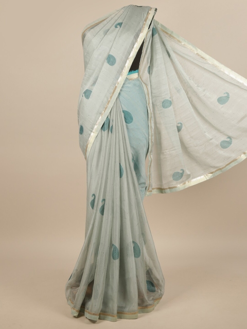 

Pothys Grey & Teal Blue Ethnic Motifs Zari Saree