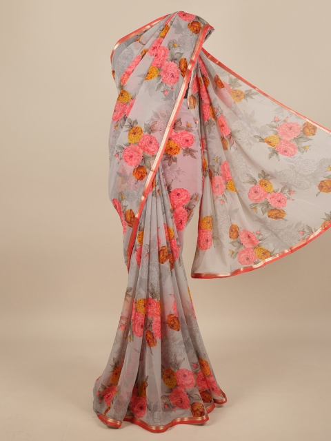 

Pothys Grey & Pink Floral Zari Saree