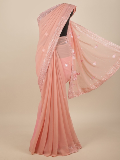

Pothys Pink & Silver-Toned Floral Embroidered Saree