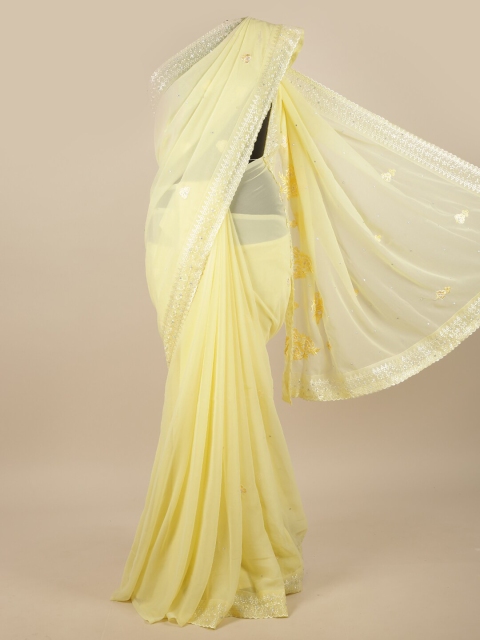 

Pothys Yellow & Silver-Toned Floral Embroidered Saree