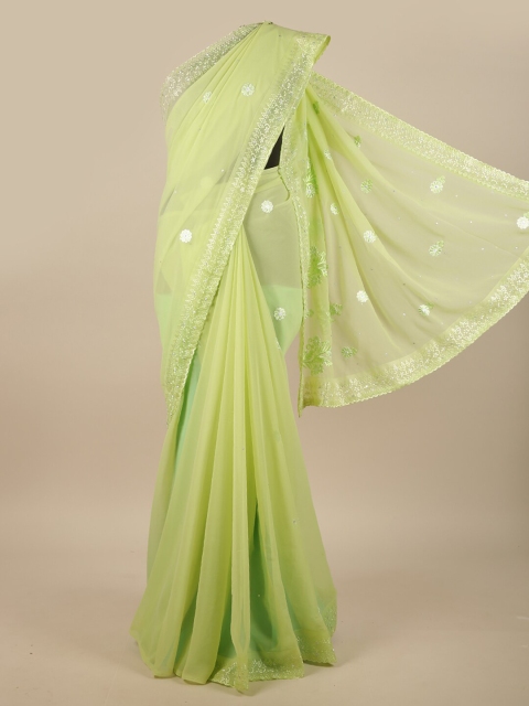 

Pothys Green & Silver-Toned Floral Embroidered Saree