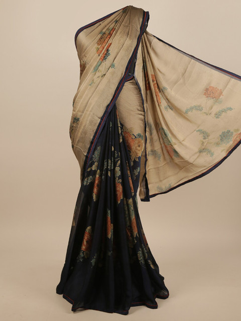 

Pothys Tan & Navy Blue Floral Printed Saree