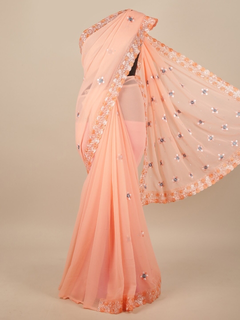 

Pothys Peach-Coloured & Grey Floral Embroidered Saree