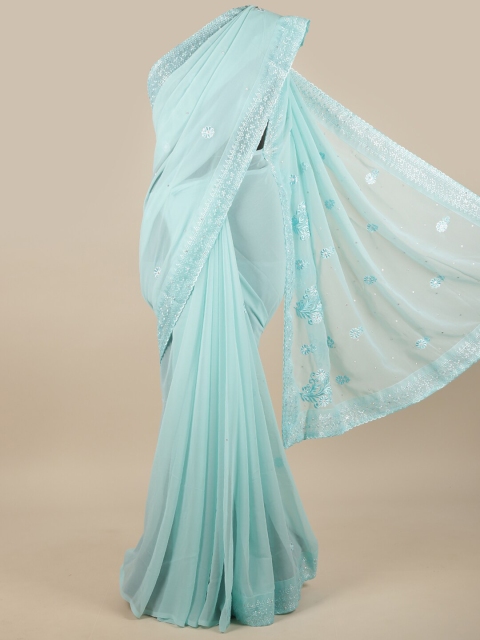 

Pothys Turquoise Blue & Silver-Toned Floral Embroidered Saree