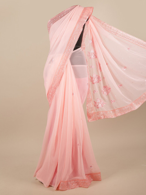

Pothys Pink & Silver-Toned Floral Embroidered Saree