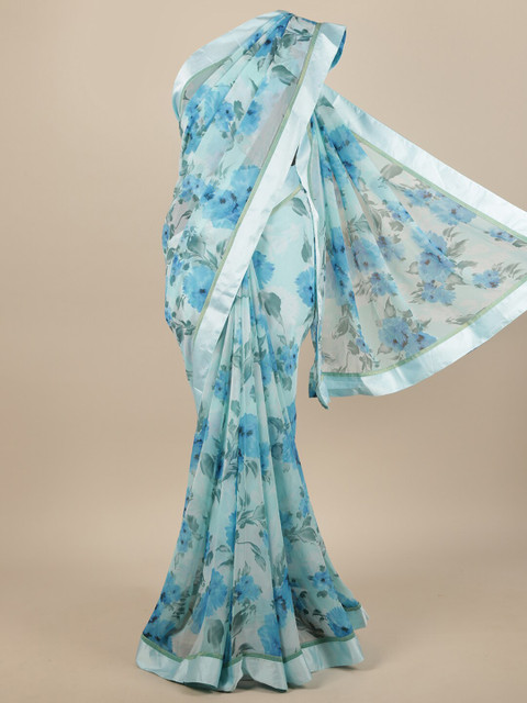 

Pothys Blue & Silver-Toned Floral Printed Saree
