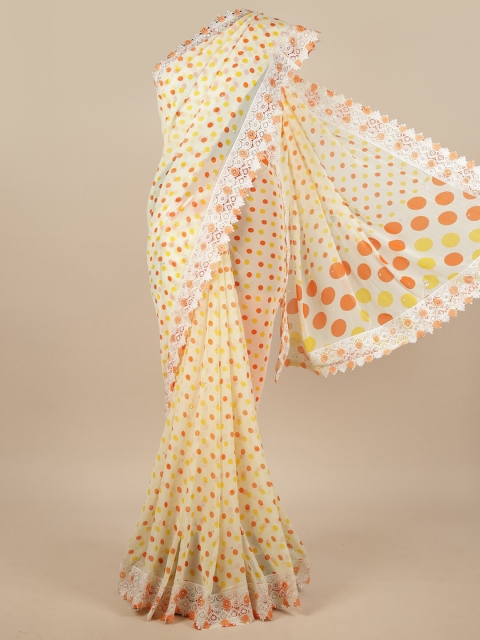 

Pothys Cream-Coloured & Orange Polka Dot Printed Saree