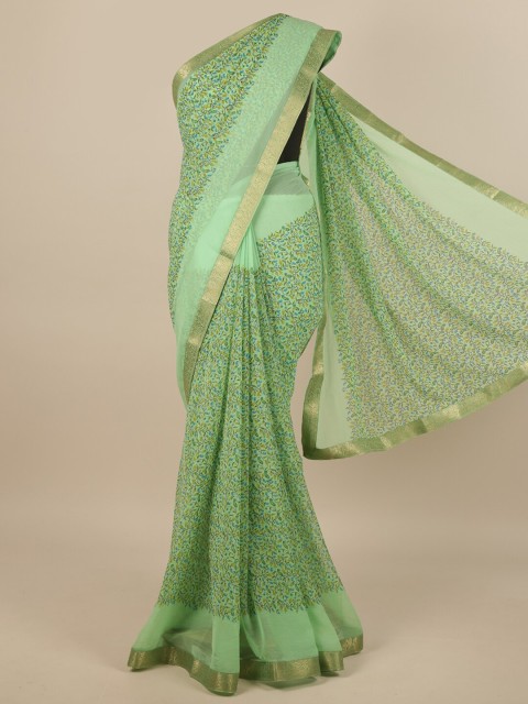 

Pothys Green & Gold-Toned Floral Printed Saree