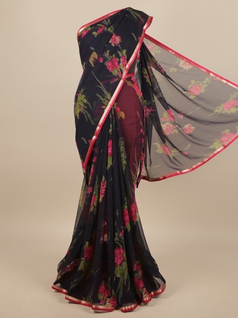 

Pothys Navy Blue & Green Floral Printed Zari Saree