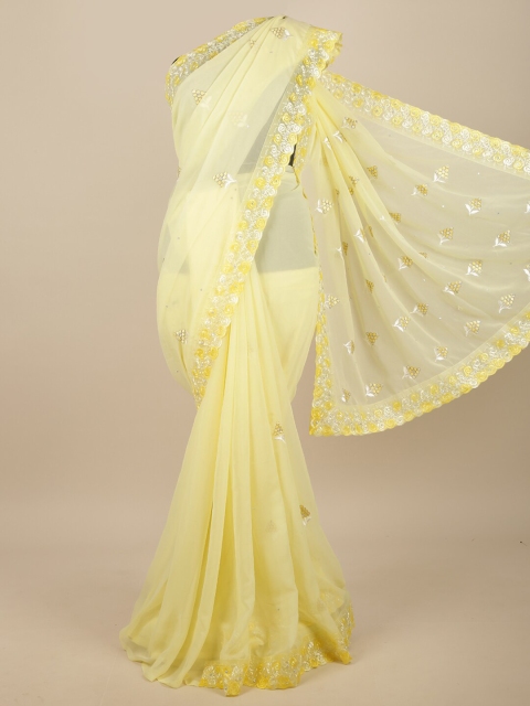 

Pothys Yellow & Silver-Toned Floral Embroidered Saree