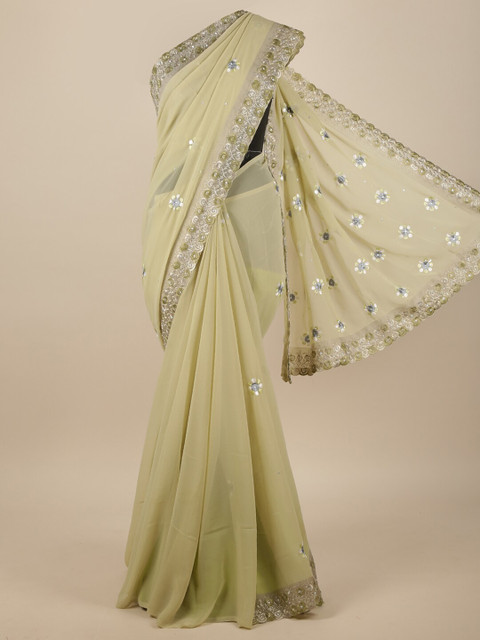 

Pothys Green & Silver-Toned Floral Embroidered Saree