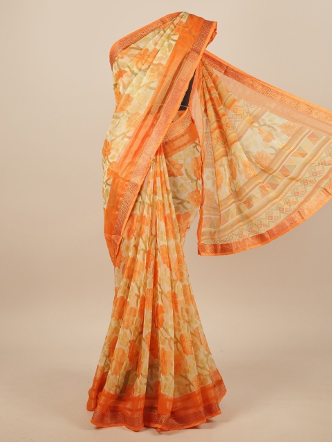 

Pothys Cream-Coloured & Orange Floral Printed Saree