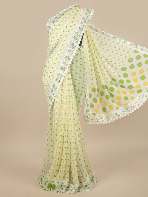 

Pothys Cream-Coloured & Green Printed With Embroidered Saree