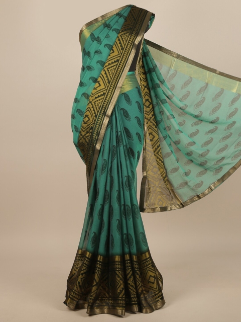 

Pothys Green & Mustard Ethnic Motifs Printed Zari Saree