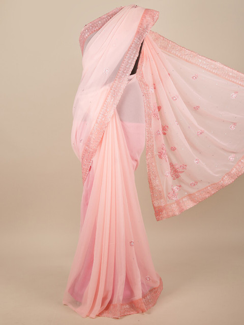 

Pothys Pink & Silver-Toned Floral Embroidered Saree