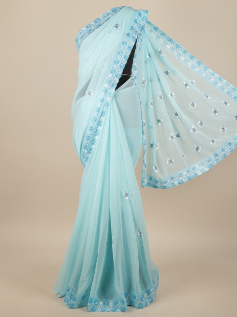 

Pothys Blue & Silver-Toned Floral Embroidered Saree