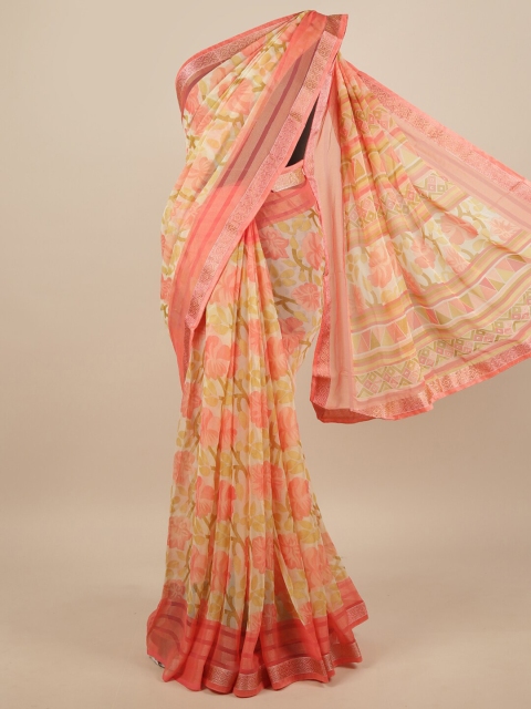

Pothys Cream-Coloured & Peach-Coloured Floral Printed Zari Saree