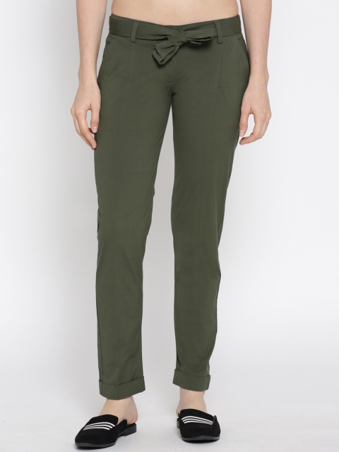 

JUMP USA Women Olive Green Pleated Peg Trousers