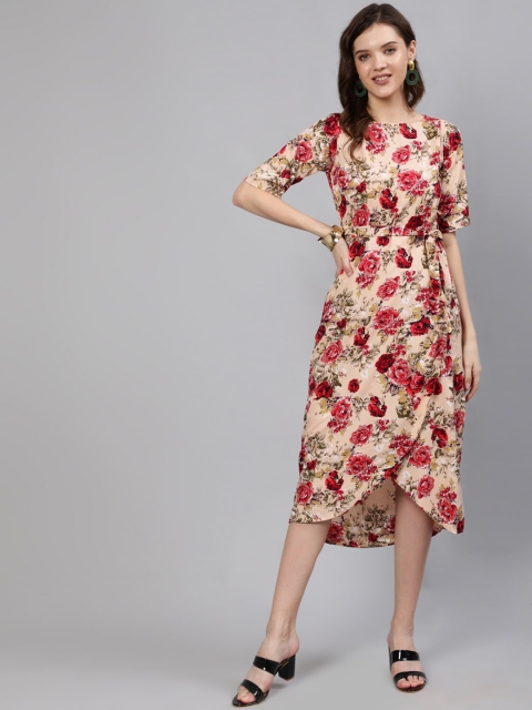 

AASI - HOUSE OF NAYO Pink Floral Crepe A-Line Midi Dress