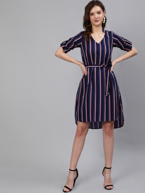 

AASI - HOUSE OF NAYO Navy Blue & Red Striped Crepe A-Line Dress