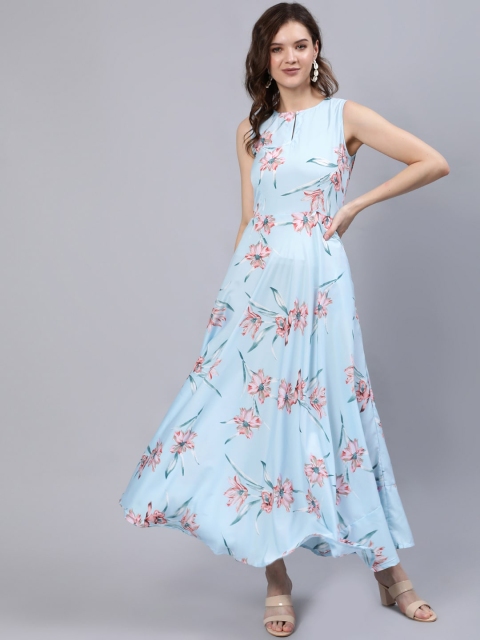 

AASI - HOUSE OF NAYO Blue & Peach Floral Keyhole Neck Crepe Maxi Dress