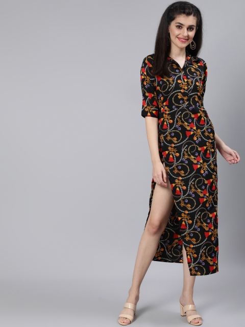 

AASI - HOUSE OF NAYO Woman Black Floral Crepe A-Line Midi Dress